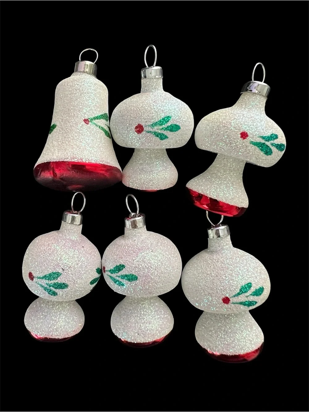 Vintage Blown Glass Glitter Mushroom and Bell Ornaments - lot of 6